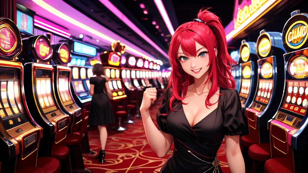 Masterpiece, best quality, 1 dealer girl, alone, look at viewer, chest, mature woman, collarbone, Random Hairstyles, cyberpunk, neon light, In the building, Casino, black tight dress, depth of field, playful mood,Big smile,The model is not in the center of the image.(left or right)