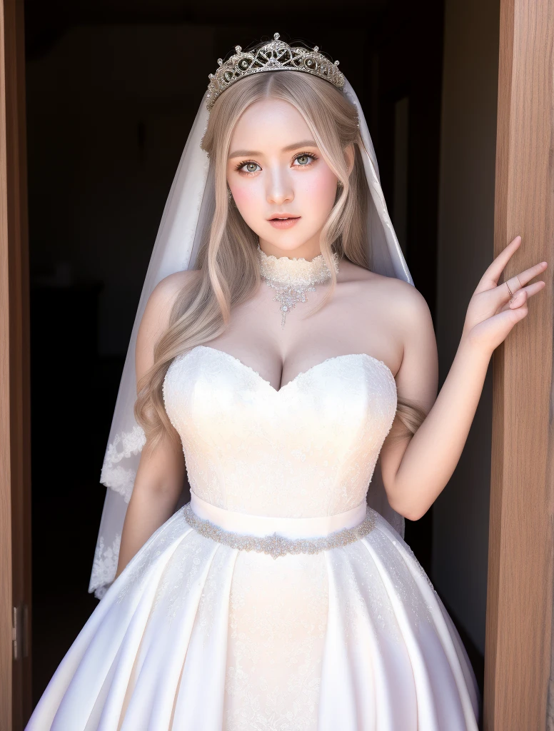 araffed woman in a wedding dress posing in a doorway, blonde goddess, thicc, divine render, giant stunning goddess shot, wlop art, ((a beautiful fantasy empress)), a beautiful fantasy empress, wlop and sakimichan, inspired by WLOP, realistic shaded perfect body, extremely detailed goddess shot, anime goddess, art of wlop