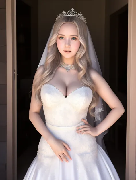 araffed woman in a wedding dress posing in a doorway, blonde goddess, thicc, divine render, giant stunning goddess shot, wlop ar...