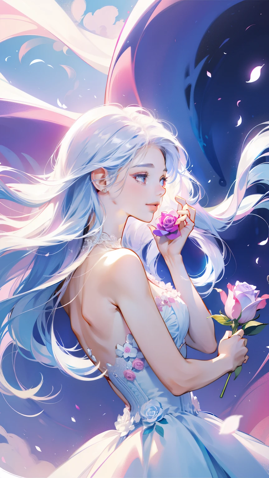 An 25 year old girl is wearing a blue rose, long hair, white sleeveless dress, holding a pink rose. Smelling the fragrance of the flower, bright fantasy, surrealism, Michael Cormac, pink, monochromatic tranquility, bright atmosphere, sunshine, happiness, happiness, and a smile,