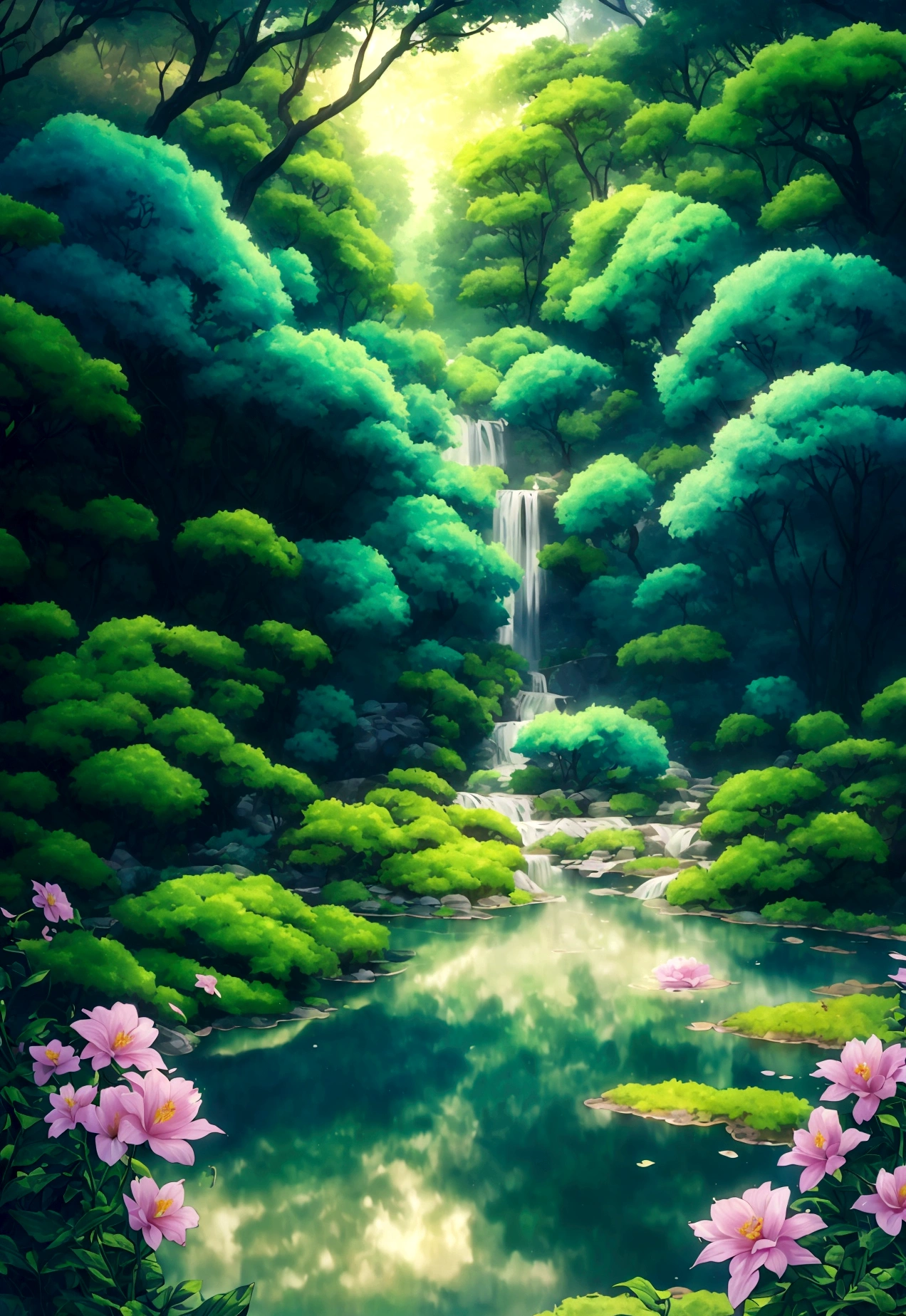 flower園,flower畑,Surreal illustration , Otherworldly, ,Highly detailed and magical lighting, Intricate forest details, Surrounding vegetation and river, Solarpunk ,landscape, , Beautiful foliage with beautiful lighting and realistic proportions, Like a movie background, 8K, Highest quality, masterpiece, 空のcloudと星.baptism,Baptism,Garden of Eden,Colorful,夢のようなlandscape, cloud, light piercing through the cloud, Reflection on the surface of the water, Gentle waterfall,flower々, flower ,Quiet atmosphere, Richness in details, Surreal beauty, Magical Aura, ファンタジーlandscape, High quality digital art, Vibrant colors, Fantastic lighting, Enchanting atmosphere, Artistic Expression, Otherworldly feeling, Beautiful brushwork, Magnificent View, Peaceful tranquility, Immersive Experience, Breathtaking views, Picturesque views, Mysterious charm, Mysterious atmosphere, Nuances, A magical dream. There are no people, Nobody is here
