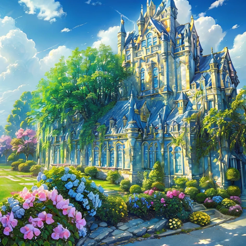 (((masterpiece))), (((best quality))), A magical academy building, front view, blue sky, colorful hydrangea, trees, ivy, bush, classic bulding