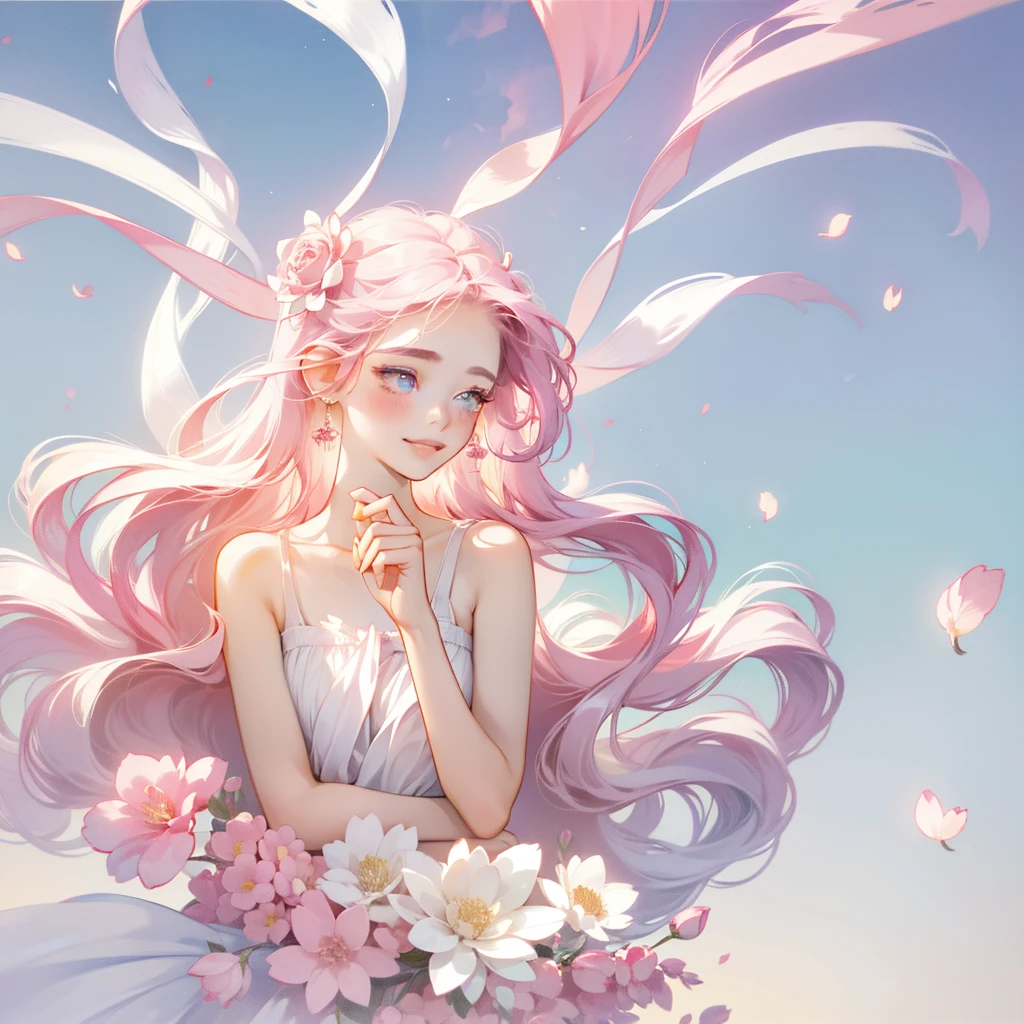 An 18 year old girl is wearing a pink rose, long hair, white sleeveless dress, holding a pink rose. Smelling the fragrance of the flower, bright fantasy, surrealism, Michael Cormac, pink, monochromatic tranquility, bright atmosphere, sunshine, happiness, happiness, and a smile,