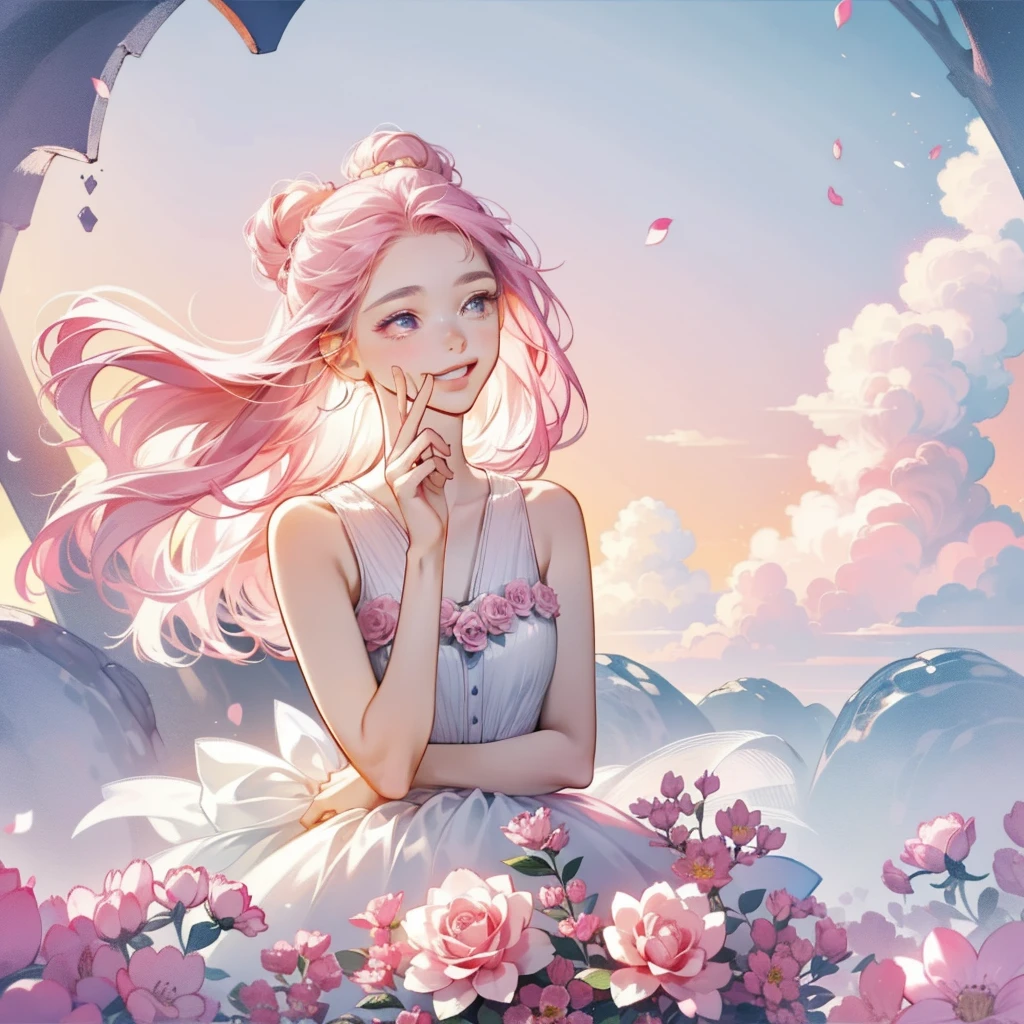 An 18 year old girl is wearing a pink rose, long hair, white sleeveless dress, holding a pink rose. Smelling the fragrance of the flower, bright fantasy, surrealism, Michael Cormac, pink, monochromatic tranquility, bright atmosphere, sunshine, happiness, happiness, and a smile,