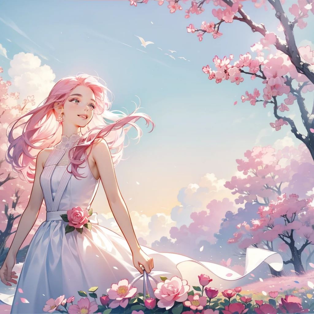 An 18 year old girl is wearing a pink rose, long hair, white sleeveless dress, holding a pink rose. Smelling the fragrance of the flower, bright fantasy, surrealism, Michael Cormac, pink, monochromatic tranquility, bright atmosphere, sunshine, happiness, happiness, and a smile,