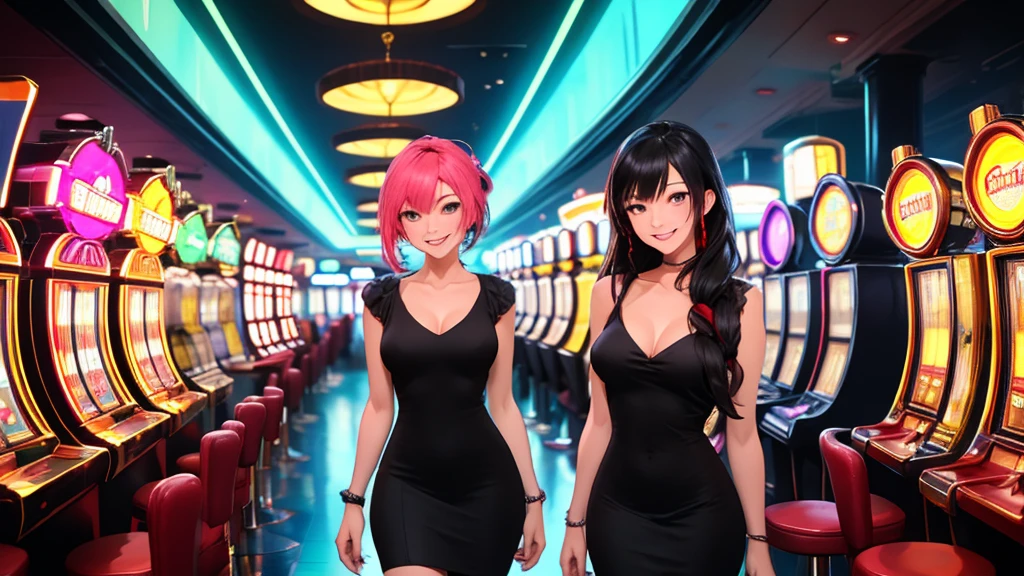 Masterpiece, best quality, 1 dealer girl, alone, look at viewer, chest, mature woman, collarbone, Random Hairstyles, cyberpunk, neon light, In the building, Casino, black tight dress, depth of field, playful mood,Big smile,The model is on the far right of the picture.