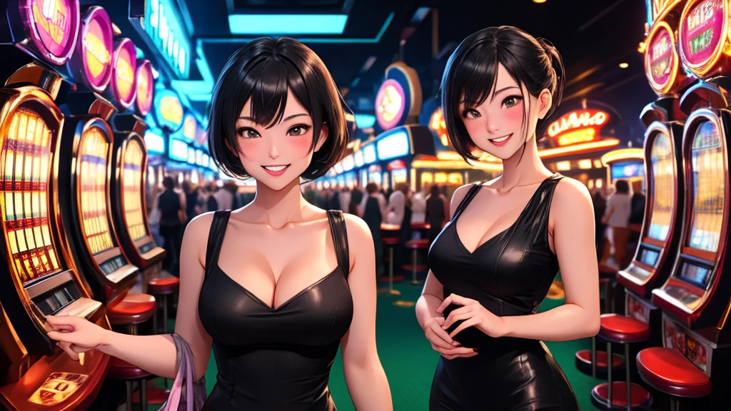 Masterpiece, best quality, 1 dealer girl, alone, look at viewer, chest, mature woman, collarbone, Random Hairstyles, cyberpunk, neon light, In the building, Casino, black tight dress, depth of field, playful mood,Big smile,The model is on the far right of the picture.