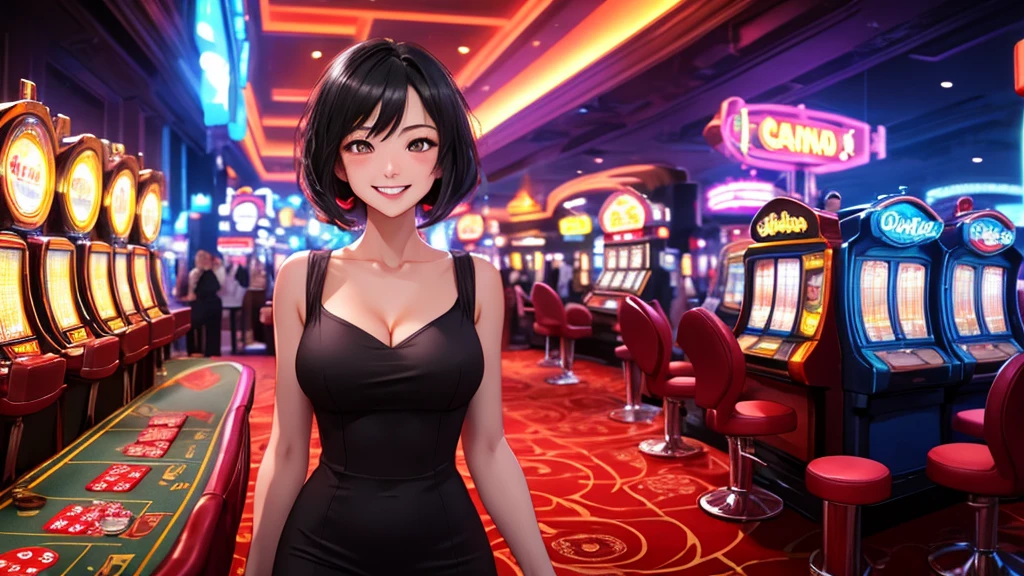 Masterpiece, best quality, 1 dealer girl, alone, look at viewer, chest, mature woman, collarbone, Random Hairstyles, cyberpunk, neon light, In the building, Casino, black tight dress, depth of field, playful mood,Big smile,The model is on the far right of the picture.