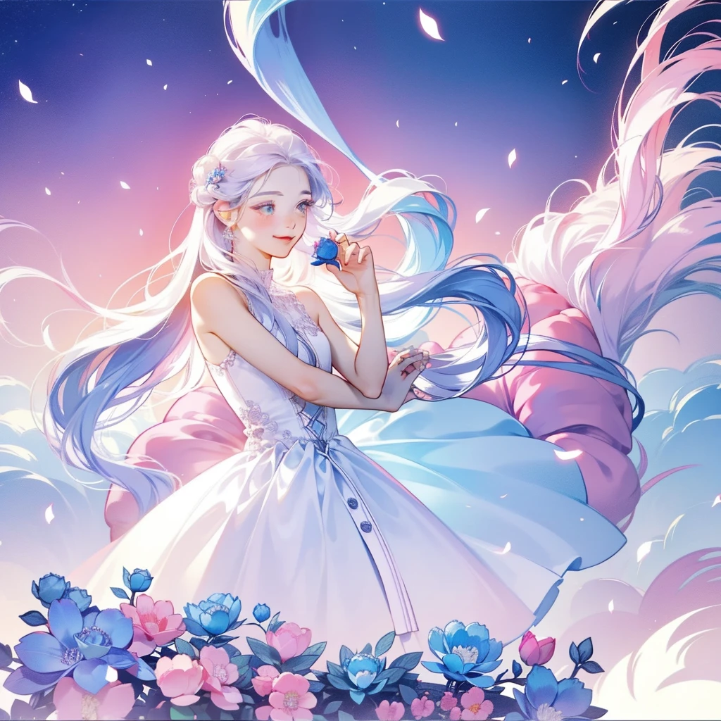 An 25 year old girl is wearing a blue rose, long hair, white sleeveless dress, holding a pink rose. Smelling the fragrance of the flower, bright fantasy, surrealism, Michael Cormac, pink, monochromatic tranquility, bright atmosphere, sunshine, happiness, happiness, and a smile,