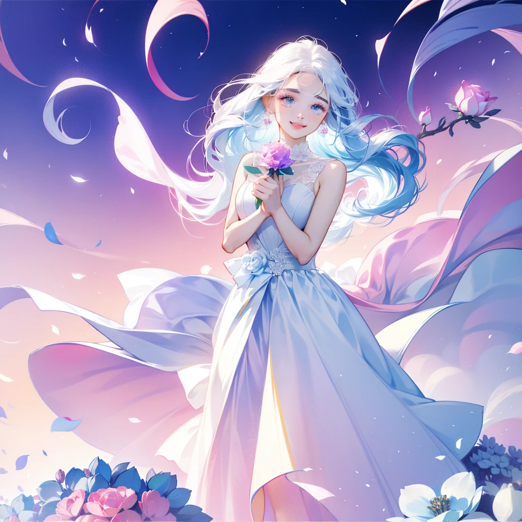 An 25 year old girl is wearing a blue rose, long hair, white sleeveless dress, holding a pink rose. Smelling the fragrance of the flower, bright fantasy, surrealism, Michael Cormac, pink, monochromatic tranquility, bright atmosphere, sunshine, happiness, happiness, and a smile,