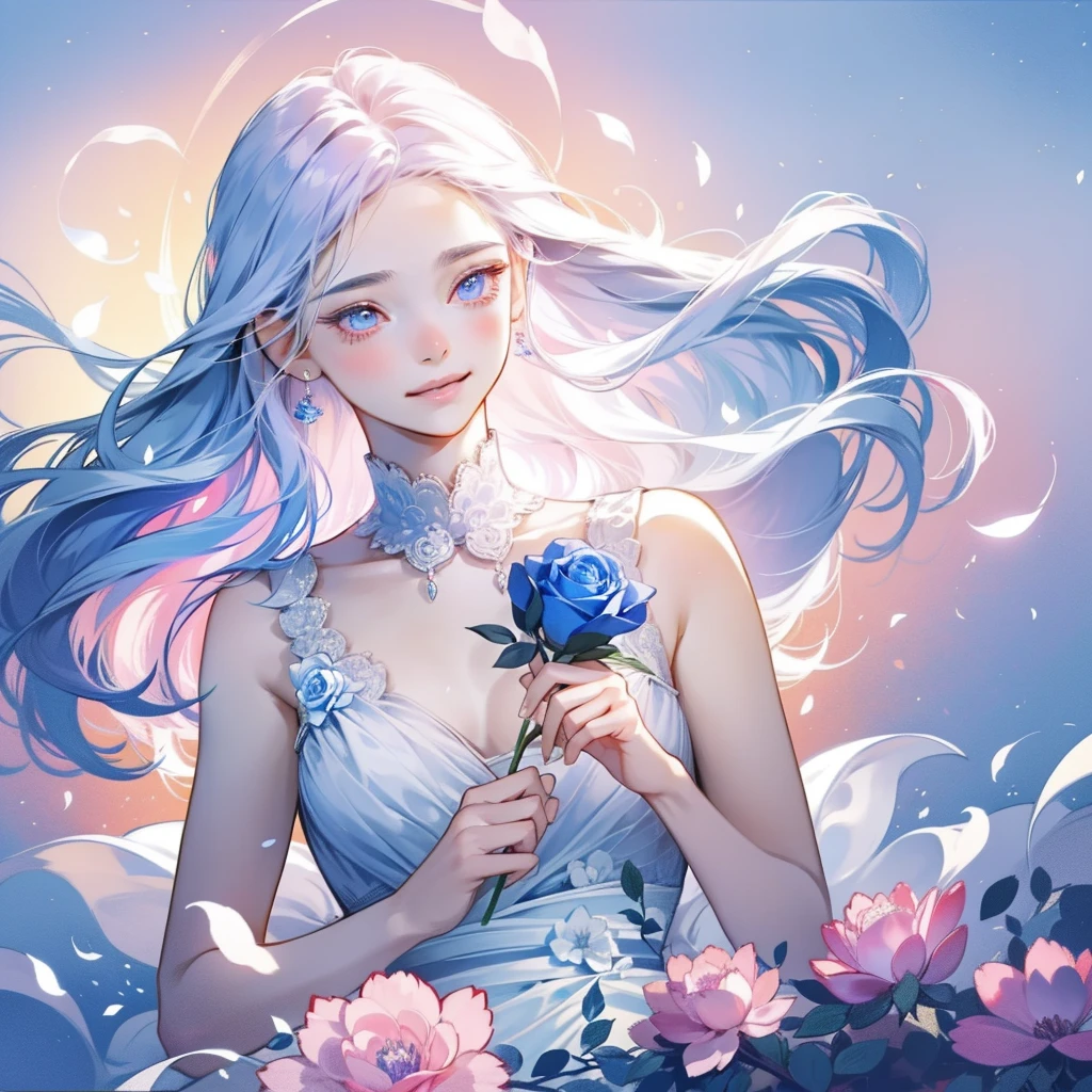 Uma garota de 25 anos está usando uma rosa azul, cabelo longo, Vestido branco sem mangas, holding a Rosa rose. Sentindo o perfume da flor, fantasia brilhante, Surrealismo, Michael Cormac, Rosa, Tranquilidade monocromática, atmosfera brilhante, luz do sol, felicidade, felicidade, e um sorriso,