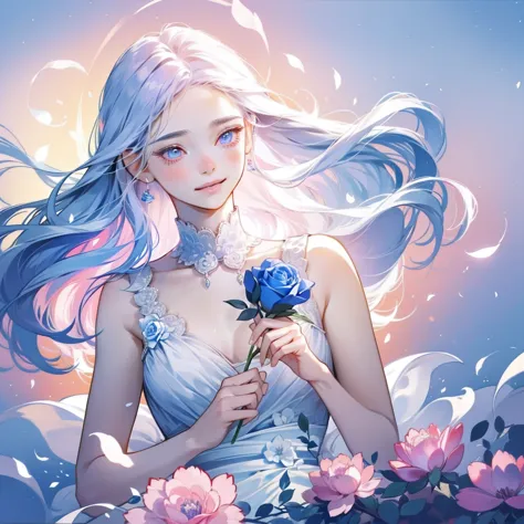 an 25 year old girl is wearing a blue rose, long hair, white sleeveless dress, holding a pink rose. smelling the fragrance of th...