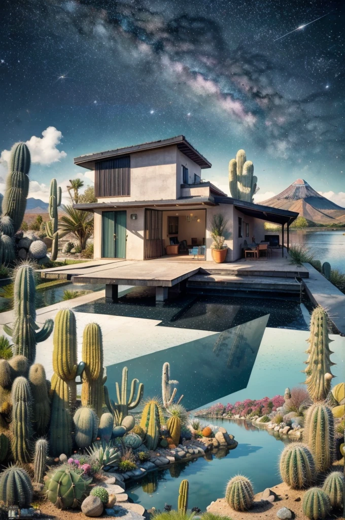 An illustration, collage style, David Hockney visual style, (((Luis Barragán's architectural style houses in middle of a lake))), big boulders, little cascade, mountains, volcanos, volcanic landscape, pool, stairs, beautiful gardens, abundant vegetation, cacti, agave, big clouds, sunset. Magazine cover, serif tipography, editorial design, masterpiece, An illustration in collage style, con rocas gigantes, Brutalist construction sections, escaleras, cactus, agave, textura de concreto, Multiple geometric shapes, hatch and cross hatching, planeta Saturno. ((masterpiece, best quality)),illustration,ultra detailed 8k. (((An illustration of a build designed by Luis Barragán))), with a desertic vegetation garden, (big rocks), ((cacti)), lake, volcano in horizon, smooth clouds, (((illustration collage format))), ((Escher's art style)), (((multiple sections))), (violet, blue, olive green, grey, black and white), hard shadows, (((geometric sculptures))), concrete sculptures, high contrast, dramatic, cinematographic, ((milky way galaxy)), intricate, intricate details, sharp focus,landscape