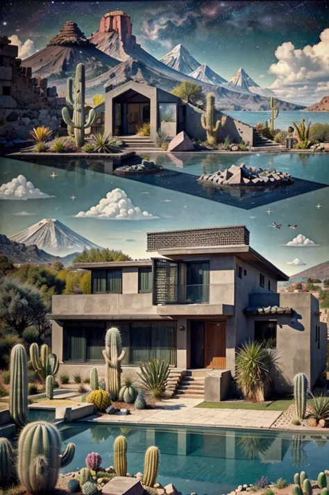 an illustration, collage style, david hockney visual style, (((luis barragán's architectural style houses in middle of a lake)))...