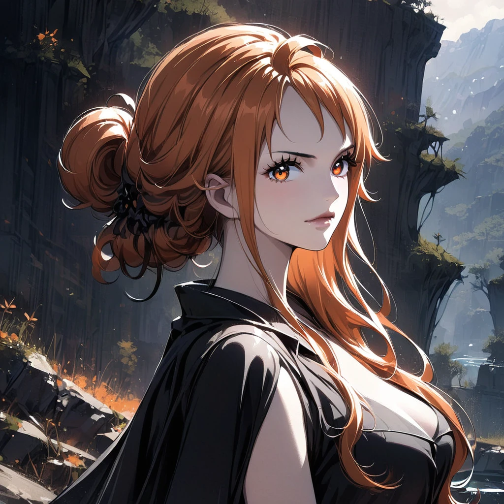 masterpiece, best quality), intricate details, 1 girl, woman, orange hair, nami \ (one piece\), (long hair), shirt, white shirt, female focus, clothes, collared shirt, pants, cape, black coat, shirt, sandals, black coat on shoulders, nature, scenery, upper body, ((front view)) ((close up shot)) ((solo)) ((Twisted Updo: Long hair twisted and pinned up into an elegant updo, often with loose tendrils)) ((nami from one piece)) ((orange eyes))