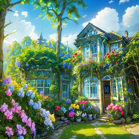 (((masterpiece))), (((best quality))), A magical dorm room, front view, blue sky, colorful hydrangea, trees, ivy, bush, classic ...