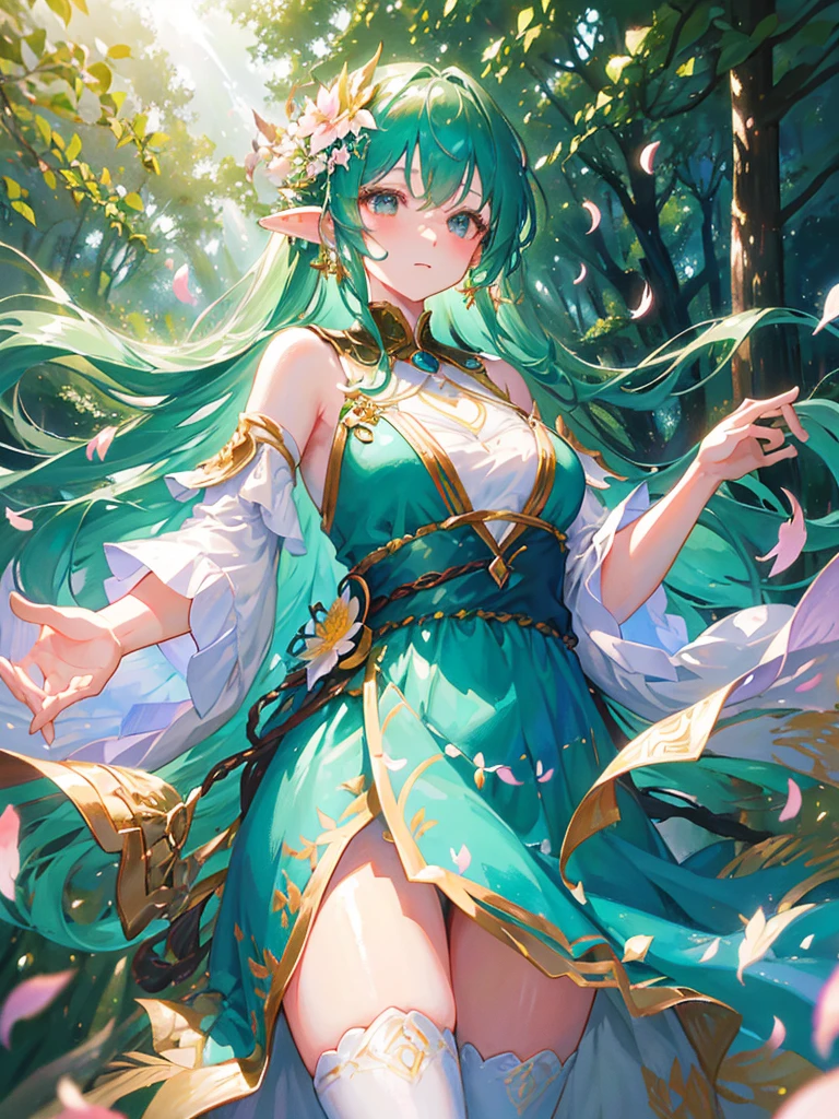 Forest Fairy、woman、Seven-colored feathers、One-piece dress with flower decoration、Long ears、Gorgeous Accessories、The wind blows from below、in the forest、Sunlight filtering through the trees、Sparkling、delicate、Petals fluttering、Upper body close-up