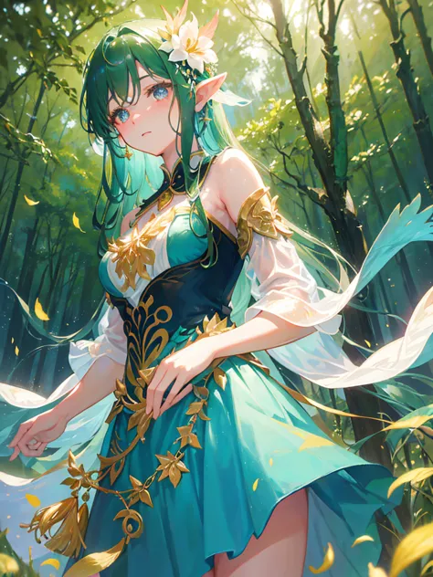 Forest Fairy、woman、Seven-colored feathers、One-piece dress with flower decoration、Long ears、Gorgeous Accessories、The wind blows f...