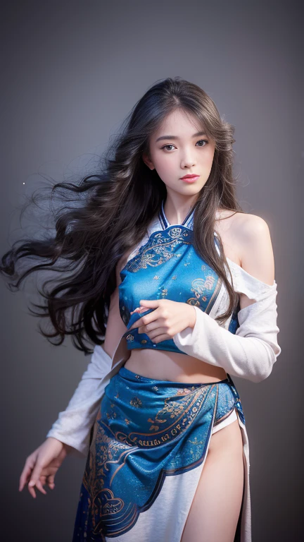 Mulher linda supermodelo com cabelos ondulados, uma mecha de cabelo com um leve destaque, Olhos azul-acinzentados, meio misto, tinta não seca, fundo colorido, fotografado por Jingna Chang.