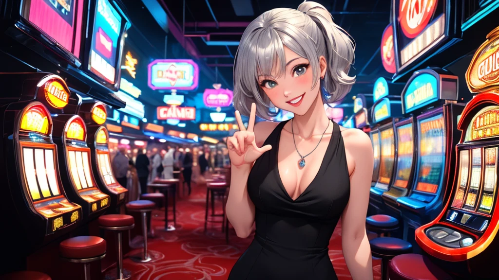 Masterpiece, best quality, 1 dealer girl, alone, The model is not in the center of the image.(left or right:1.5), look at viewer, chest, mature woman, collarbone, Random Hairstyles, random gesture, cyberpunk, neon light, In the building, Casino, black tight dress, small silver necklace, depth of field, playful mood,Big smile