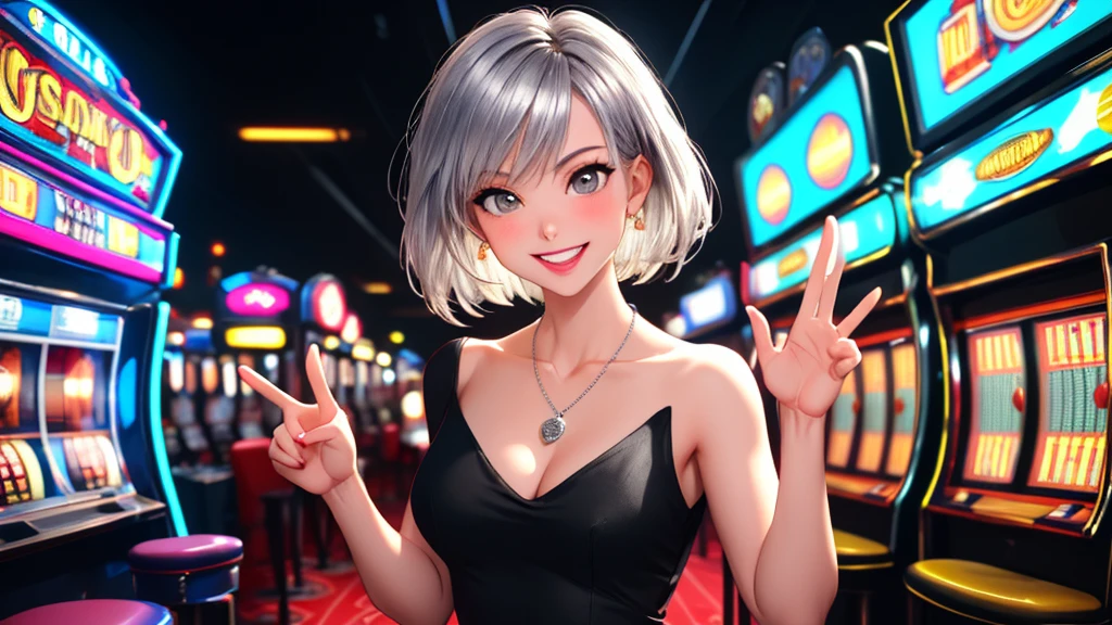 Masterpiece, best quality, 1 dealer girl, alone, The model is not in the center of the image.(left or right:1.5), look at viewer, chest, mature woman, collarbone, Random Hairstyles, random gesture, cyberpunk, neon light, In the building, Casino, black tight dress, small silver necklace, depth of field, playful mood,Big smile