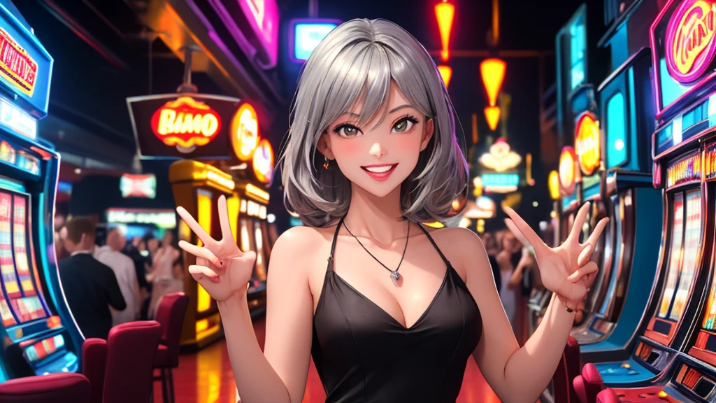 Masterpiece, best quality, 1 dealer girl, alone, The model is not in the center of the image.(left or right:1.5), look at viewer, chest, mature woman, collarbone, Random Hairstyles, random gesture, cyberpunk, neon light, In the building, Casino, black tight dress, small silver necklace, depth of field, playful mood,Big smile