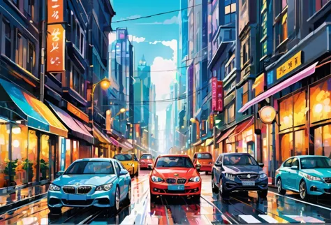Beautiful city street, cars on the road, front view, modern, (masterpiece best quality:1.2) delicate illustration ultra-detailed...