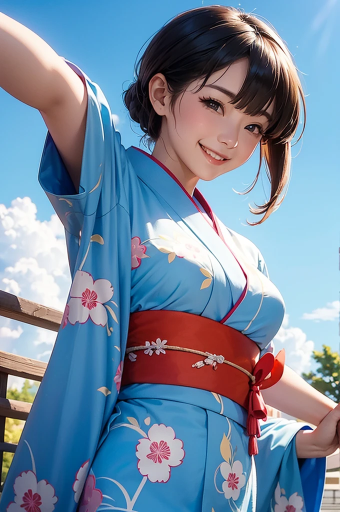 Una hermosa mujer sonriente con un kimono saluda a la gente con una actitud alegre. "Buen día" mientras sus brazos se abren bajo el cielo azul