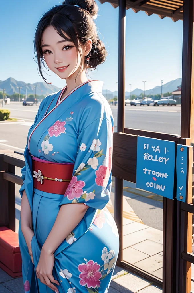 امرأة مبتسمة جميلة ترتدي الكيمونو تحيي الناس بمرح "صباح الخير" بينما تفتح ذراعيها تحت السماء الزرقاء