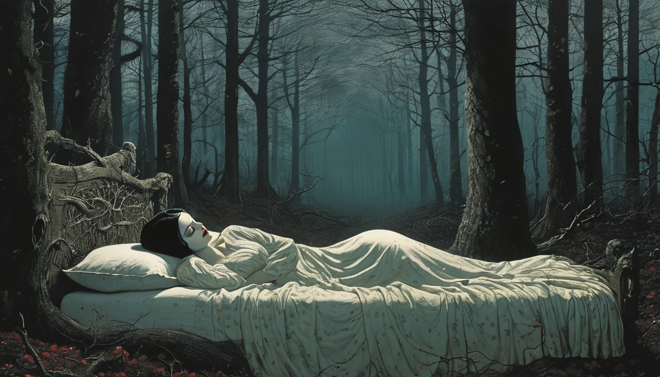 (((Стиль ужасов))), иллюстрация Белоснежки, потерявшей сознание в постели, Это Джунджи, в сверхдетализированном зловещем лесу, разрешение 8к