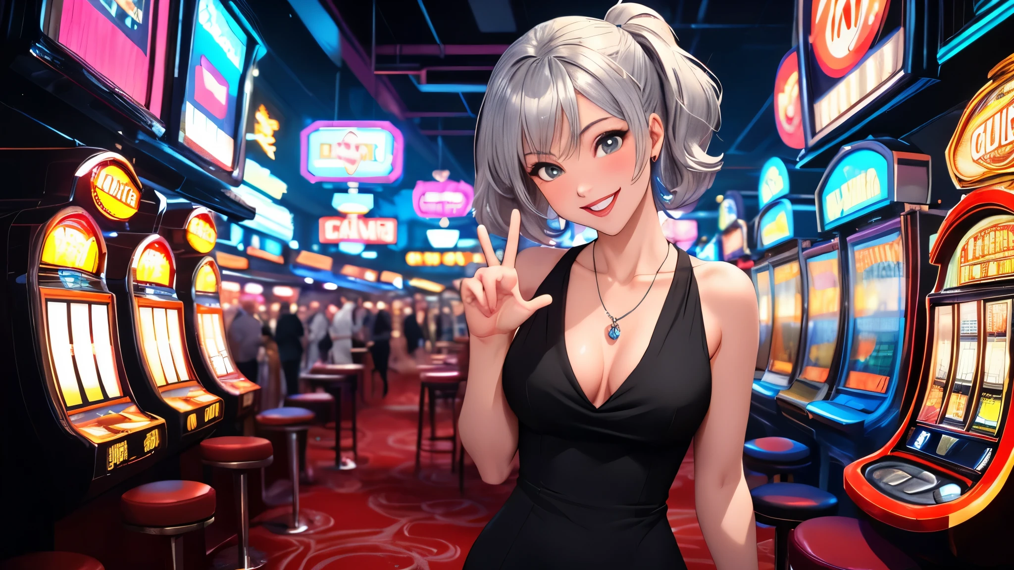 Masterpiece, best quality, 1 dealer girl, alone, The model is not in the center of the image.(left or right:1.5), look at viewer, chest, mature woman, collarbone, Random Hairstyles, random gesture, cyberpunk, neon light, In the building, Casino, black tight dress, small silver necklace, depth of field, playful mood,Big smile