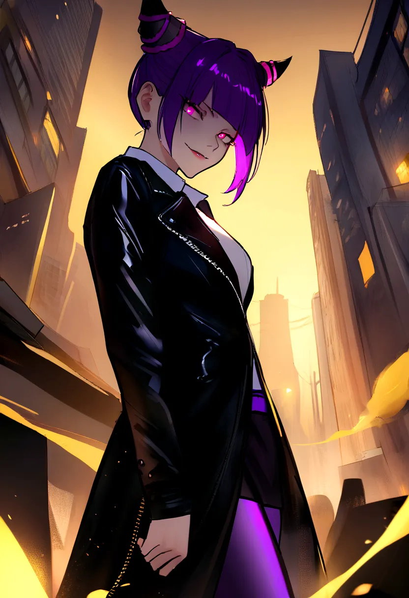 work of art, best qualityer, juri han, horn hair, bangs on the eyes,eyes shining purple,evil smile, black leather jacket, leggin...