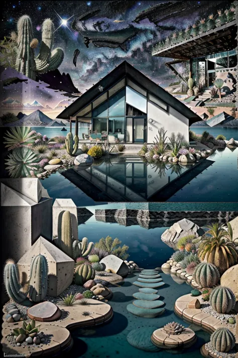 an illustration, collage style, david hockney visual style, (((luis barragán's architectural style houses in middle of a lake)))...