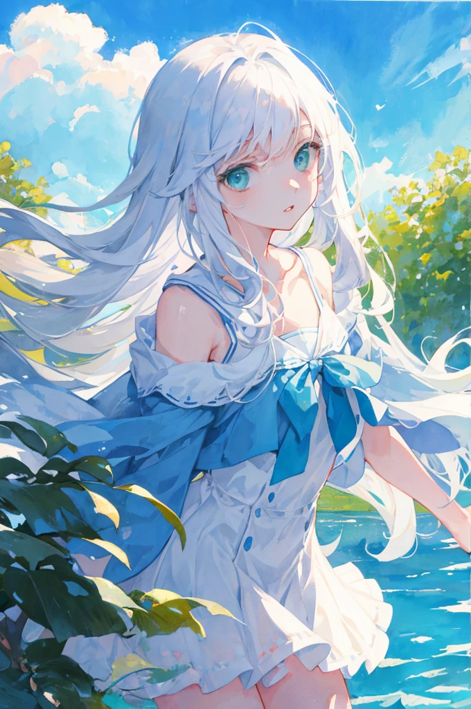 masterpiece, best quality, illustration, watercolor, flat color, blue sky, 1girl, close-up, straight-on, looking at viewer, detailed medium white hair, green eyes, serafuku, parted lips