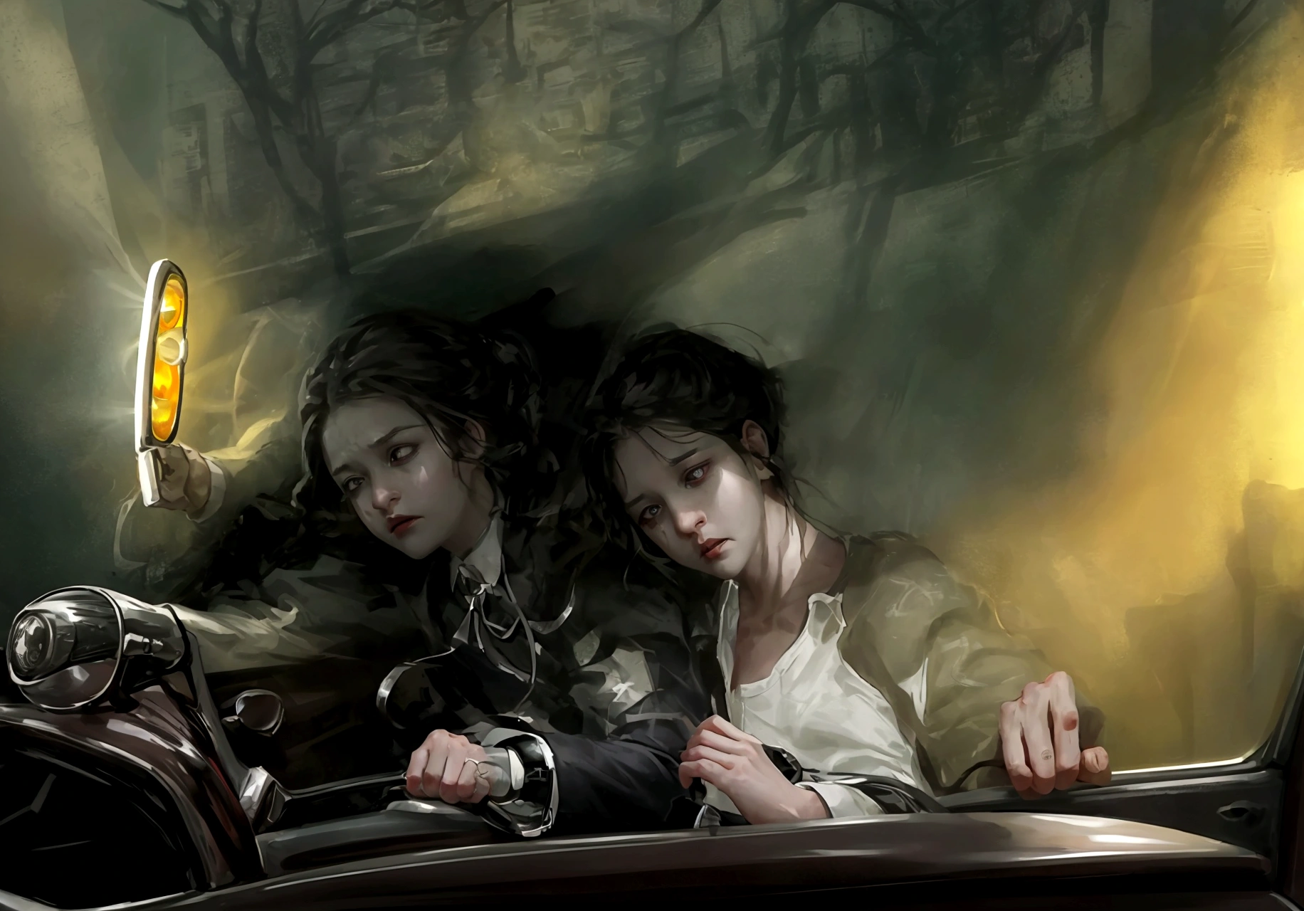 Create an image of a desperate couple inside a car, driving on a dark, deserted road at night. The scene is reminiscent of a horror movie. The couple's faces are illuminated by the car's dashboard lights, showing expressions of fear and desperation. The man is gripping the steering wheel tightly, eyes wide with terror, while the woman clutches his arm, looking over her shoulder at something unseen. The road ahead is barely visible, surrounded by dense, shadowy trees. The car's headlights cast a narrow beam of light, barely piercing the darkness. The overall atmosphere is tense and eerie, capturing the terror and urgency of their escape.