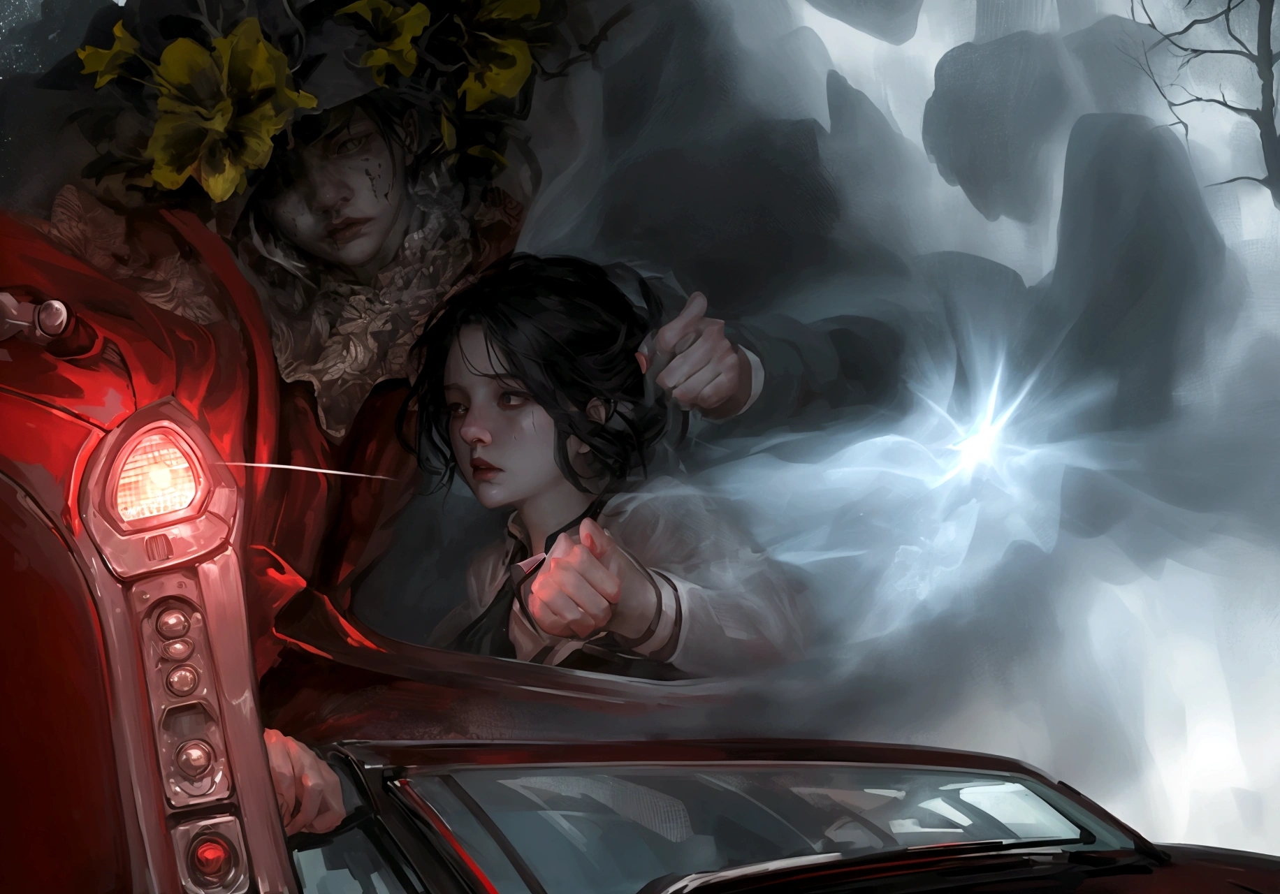 Create an image of a desperate couple inside a car, driving on a dark, deserted road at night. The scene is reminiscent of a horror movie. The couple's faces are illuminated by the car's dashboard lights, showing expressions of fear and desperation. The man is gripping the steering wheel tightly, eyes wide with terror, while the woman clutches his arm, looking over her shoulder at something unseen. The road ahead is barely visible, surrounded by dense, shadowy trees. The car's headlights cast a narrow beam of light, barely piercing the darkness. The overall atmosphere is tense and eerie, capturing the terror and urgency of their escape.