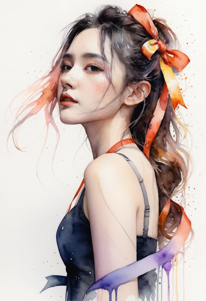 (8k, best quality, masterpiece:1.2),(best quality:1.0), (ultra highres:1.0), watercolor, a beautiful woman, shoulder, hair ribbons, by agnes cecile, half body portrait, extremely luminous bright design, pastel colors, (ink:1.3), autumn lights,
