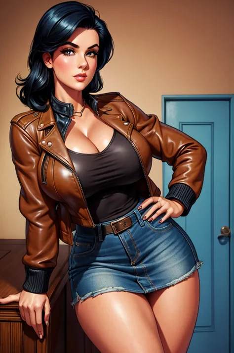 gorgeous butch woman, vintage pin up, leather jacket, blue-black hair, denim skirt, short skirt, cleavage
