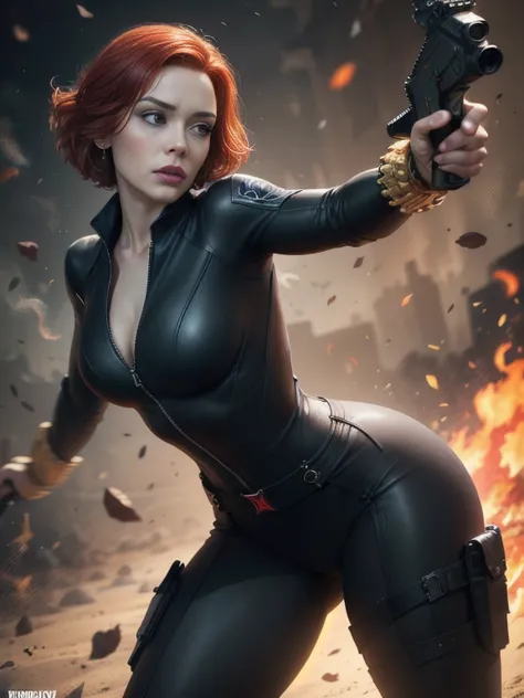 Subject: A photorealistic portrayal of Christina Hendricks as Black Widow from Marvel Comics, standing confidently in her sleek ...