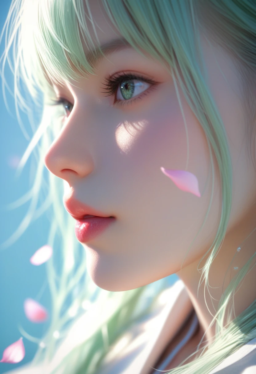 score_9, score_8_above, score_7_above, Profile photo of the girl, long light green hair with bangs, light blue petals on the cheeks, realistic skin texture, detailed image, close-above, HD32k