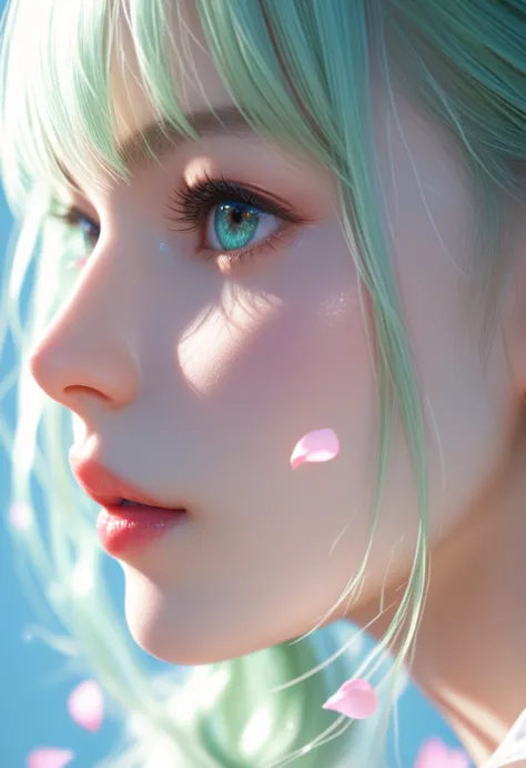 score_9, score_8_above, score_7_above, Profile photo of the girl, long light green hair with bangs, light blue petals on the che...