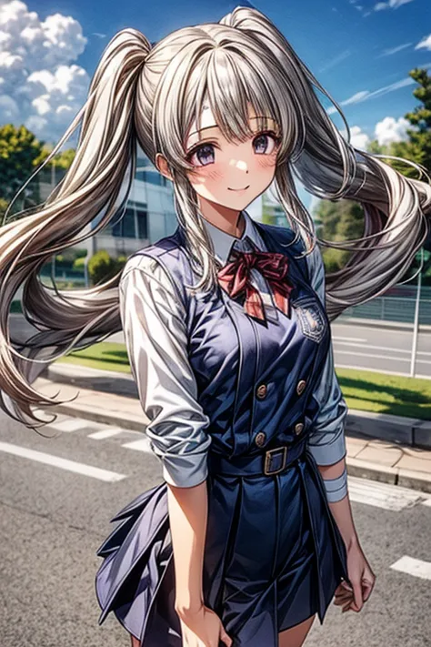 a miracle photo、highest quality、high school girl、smile、uniform、commuting、the wind is blowing、twin tails、hair fluttering in the w...