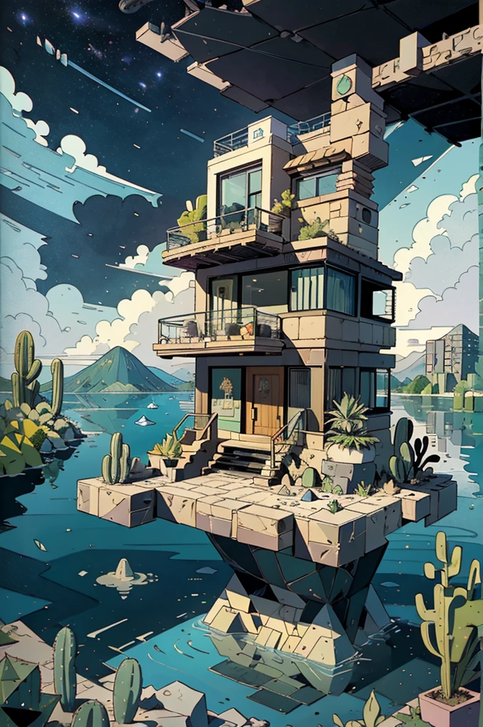 An illustration, collage style, David Hockney visual style, (((Luis Barragán's architectural style houses in middle of a lake))), big boulders, little cascade, mountains, volcanos, volcanic landscape, pool, stairs, beautiful gardens, abundant vegetation, cacti, agave, big clouds, sunset. Magazine cover, serif tipography, editorial design, masterpiece, An illustration in collage style, con rocas gigantes, Brutalist construction sections, escaleras, cactus, agave, textura de concreto, Multiple geometric shapes, hatch and cross hatching, planeta Saturno. ((masterpiece, best quality)),illustration,ultra detailed 8k. (((An illustration of a build designed by Luis Barragán))), with a desertic vegetation garden, (big rocks), ((cacti)), lake, volcano in horizon, smooth clouds, (((illustration collage format))), ((Escher's art style)), (((multiple sections))), (violet, blue, olive green, grey, black and white), hard shadows, (((geometric sculptures))), concrete sculptures, high contrast, dramatic, cinematographic, ((milky way galaxy)), intricate, intricate details, sharp focus,landscape