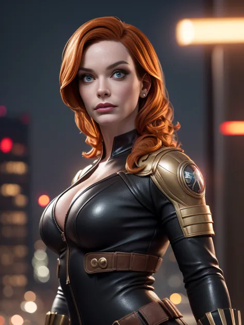 Christina Hendricks portraying the characters of Black Widow from marvel comics in a hyper-realistic masterpiece, RAW, High-qual...