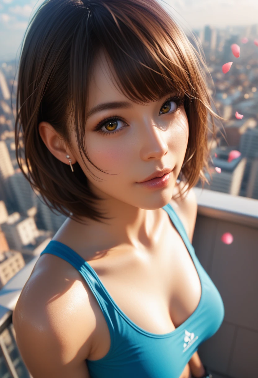 score_9, score_8_above, score_7_above, Front photo of the girl, brown hair with bangs, golden petals on the cheeks, realistic skin texture, brown skin detailed image, whole body, background of a city with bright lights HD32k