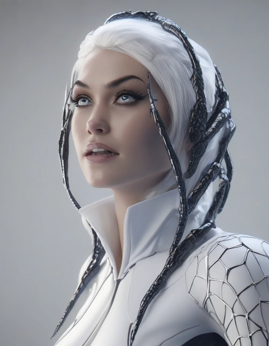 Frieren spider girl showing her face in white and black suit, in the vray stroke style, fantasy illustration, organic sculpture, dynamic lighting, dragoncore, light indigo and black
