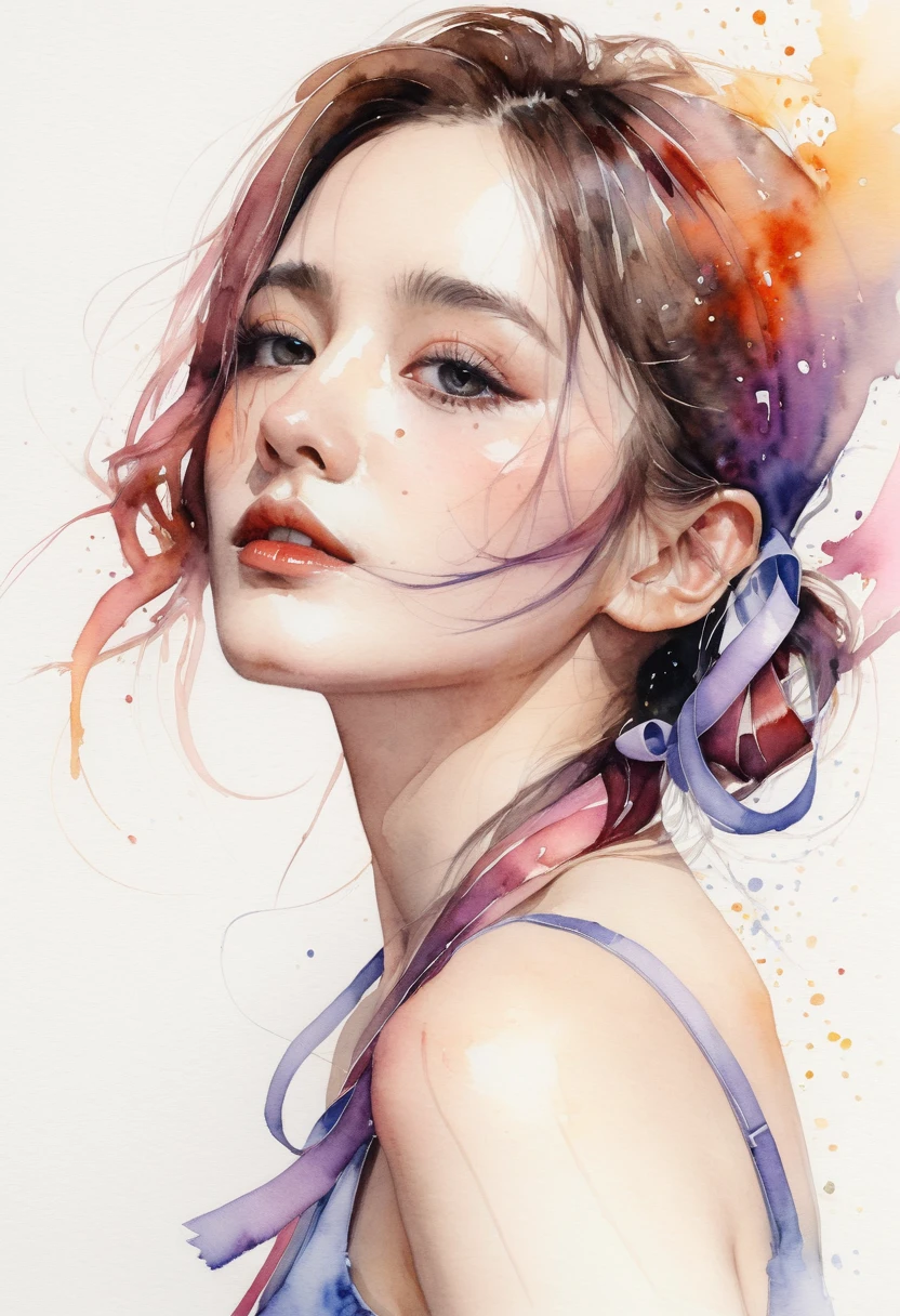 (8k, best quality, masterpiece:1.2),(best quality:1.0), (ultra highres:1.0), watercolor, a beautiful woman, shoulder, hair ribbons, by agnes cecile, half body portrait, extremely luminous bright design, pastel colors, (ink:1.3), autumn lights,
