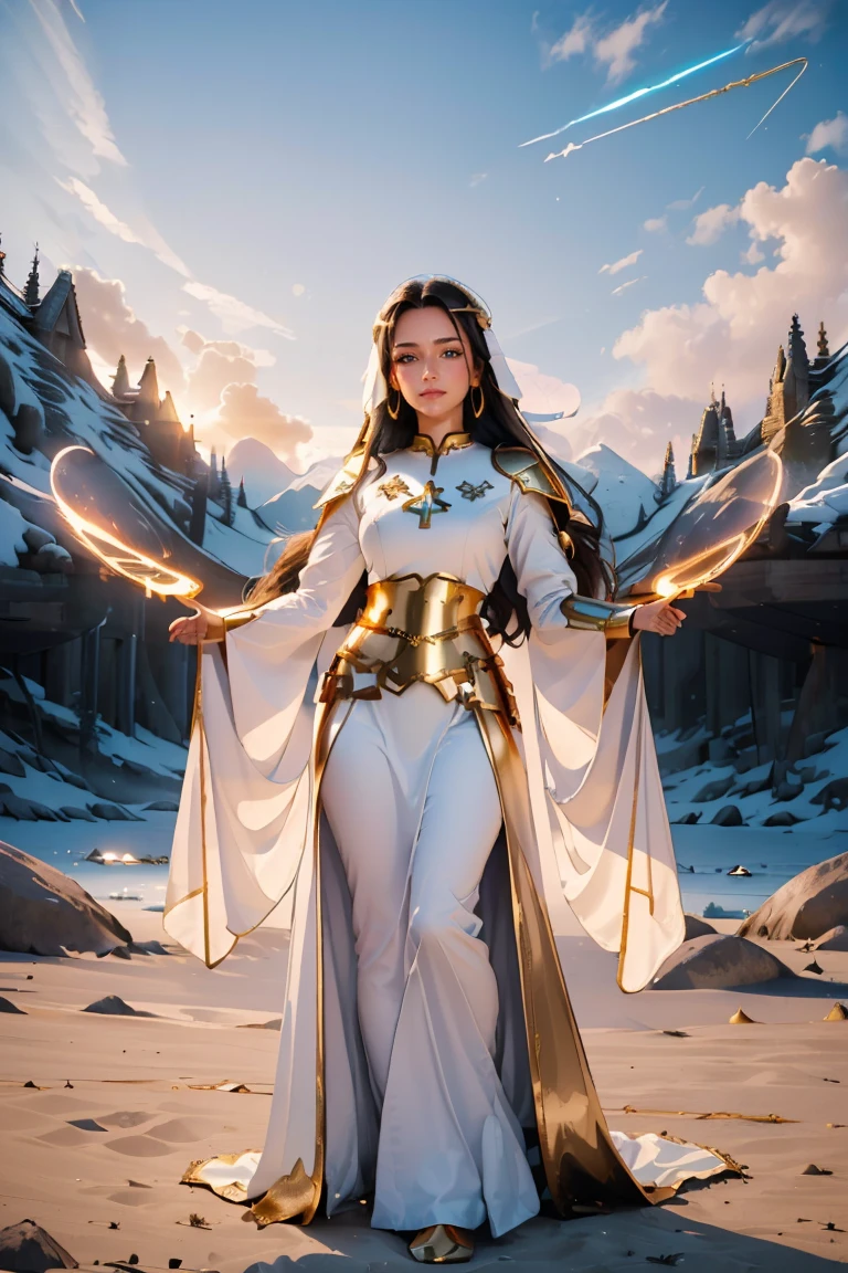 ((masterpiece, best quality, extremely detailed), volumetric lighting, ambient occlusion, colorful, glowing), 1girl, solo, young girl, (dark hair), long hair, halo, aura, sacred, goddess, cleric suit, (white outfit with gold detailst:1.3), armor, outdoors, sunset, sky, clouds, space, (fantasy theme:1.2), full body armor