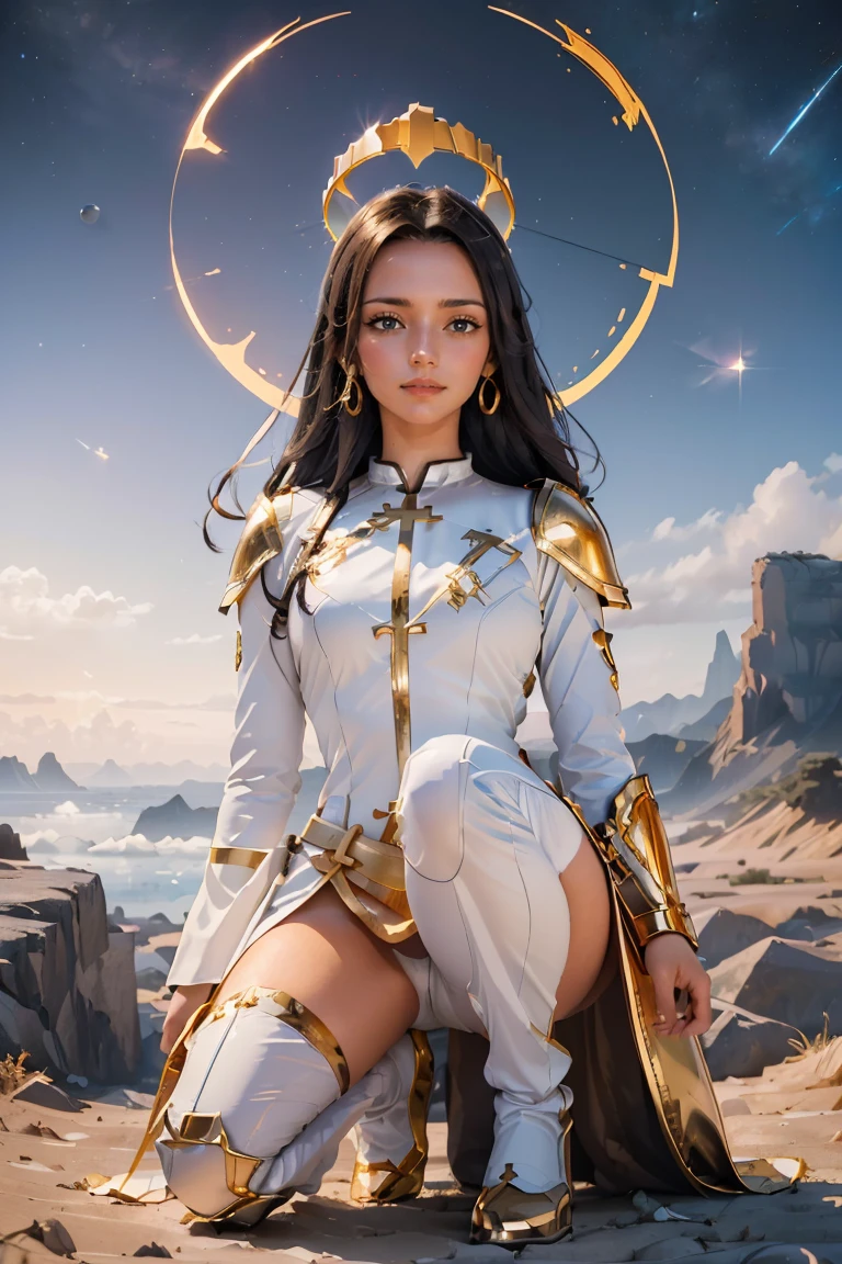 ((masterpiece, best quality, extremely detailed), volumetric lighting, ambient occlusion, colorful, glowing), 1girl, solo, young girl, (dark hair), long hair, halo, aura, sacred, goddess, cleric suit, (white outfit with gold detailst:1.3), armor, outdoors, sunset, sky, clouds, space, (fantasy theme:1.2), full body armor