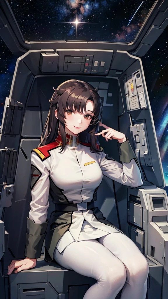 masterpiece, best quality, High resolution, Calm 1, 1 girl, alone, (Black_pantyhose:1.1), army uniform, army, cosmetics, White shirt,  White Skirt, tight skirt, sitting, Upper Body, cockpit, space, Smile